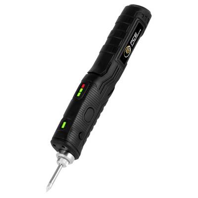 Fer à souder électrique portatif noir avec indicateurs de charge/statut LED et embout métallique sur fond blanc.