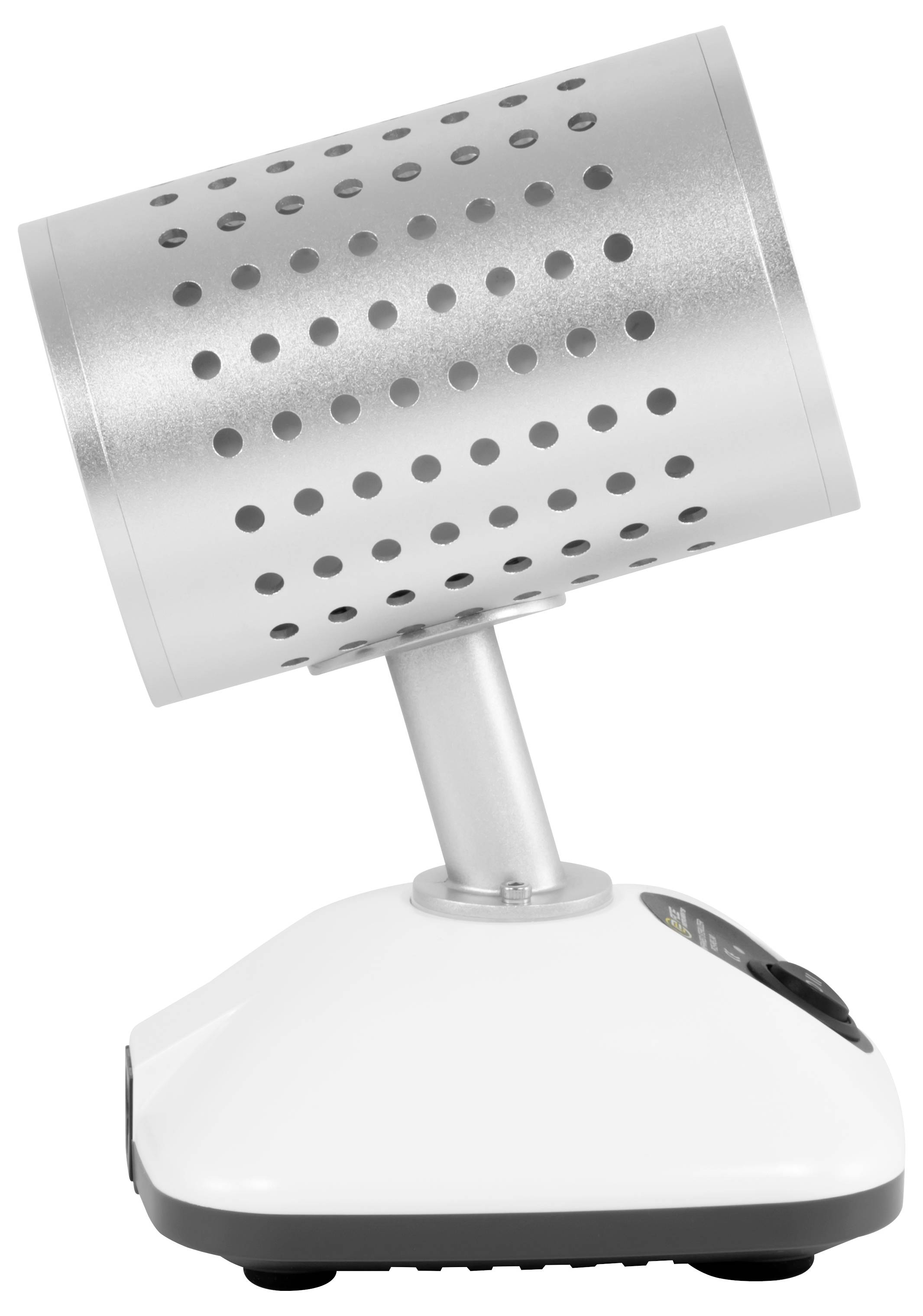 Haut-parleur ou tête de sirène perforé en acier inoxydable monté sur une base blanche, orienté vers le haut sur un support de table incliné.