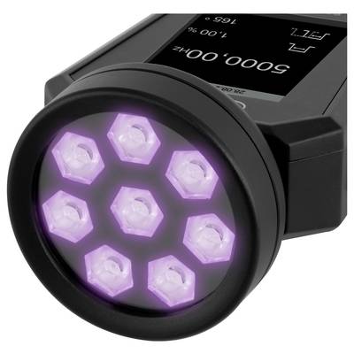 Appareil scientifique noir avec un avant arrondi affichant huit émetteurs LED violets luminescents et un petit écran numérique sur le dessus.