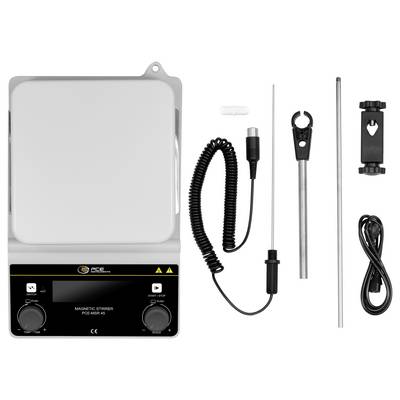 Kit d'agitateur magnétique avec unité de contrôle, câble capteur enroulé, tige de support, pince et cordon d'alimentation sur fond blanc.