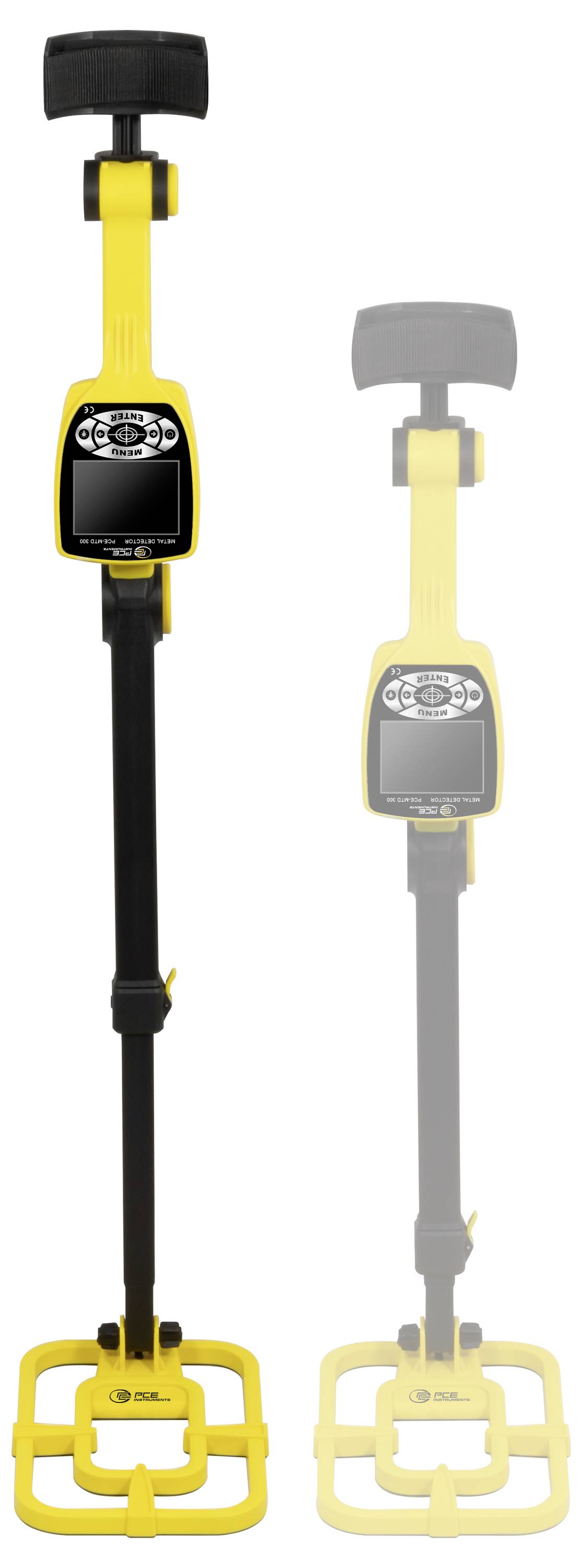 Un bâton sauteur jaune et noir montré à la verticale, avec un exemplaire entièrement coloré et un autre estompé à côté sur un fond blanc.