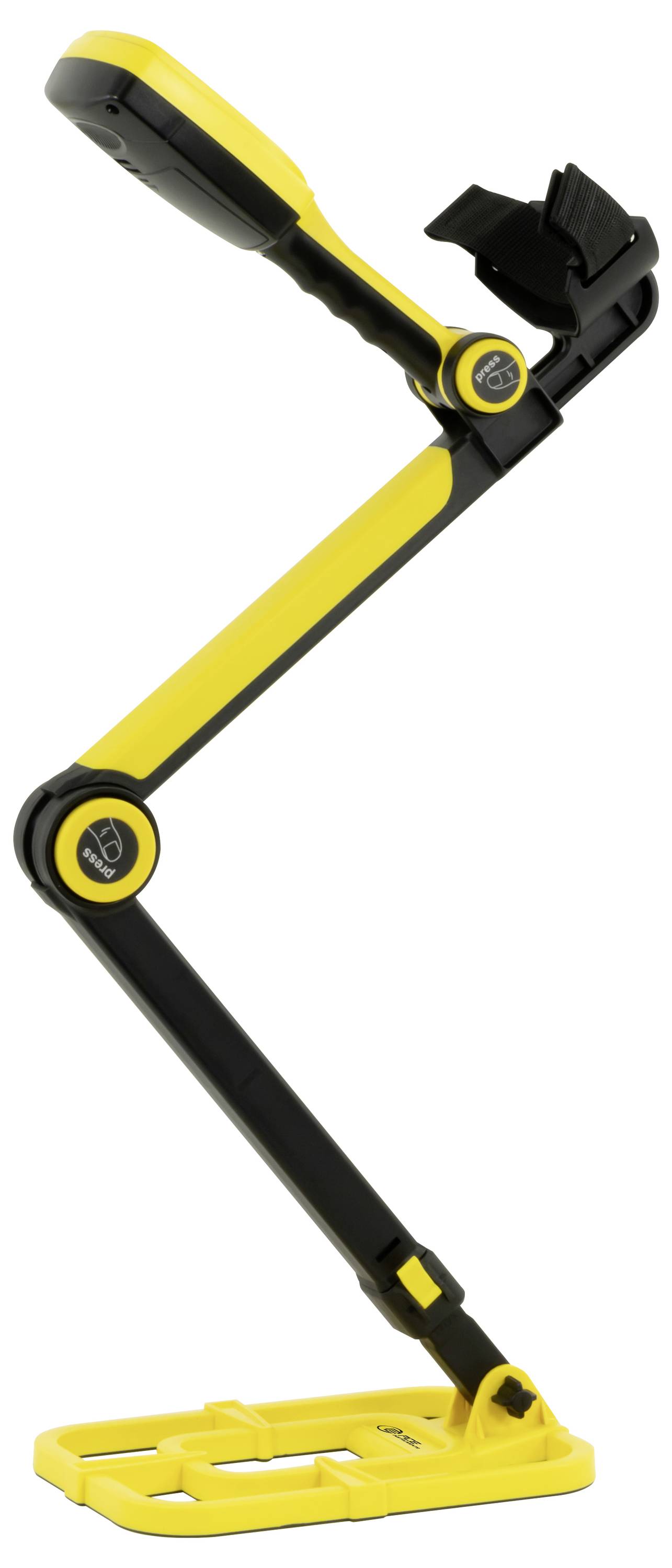 Lampe de travail jaune et noire réglable avec bras articulé et base lestée, photographiée sur fond blanc.