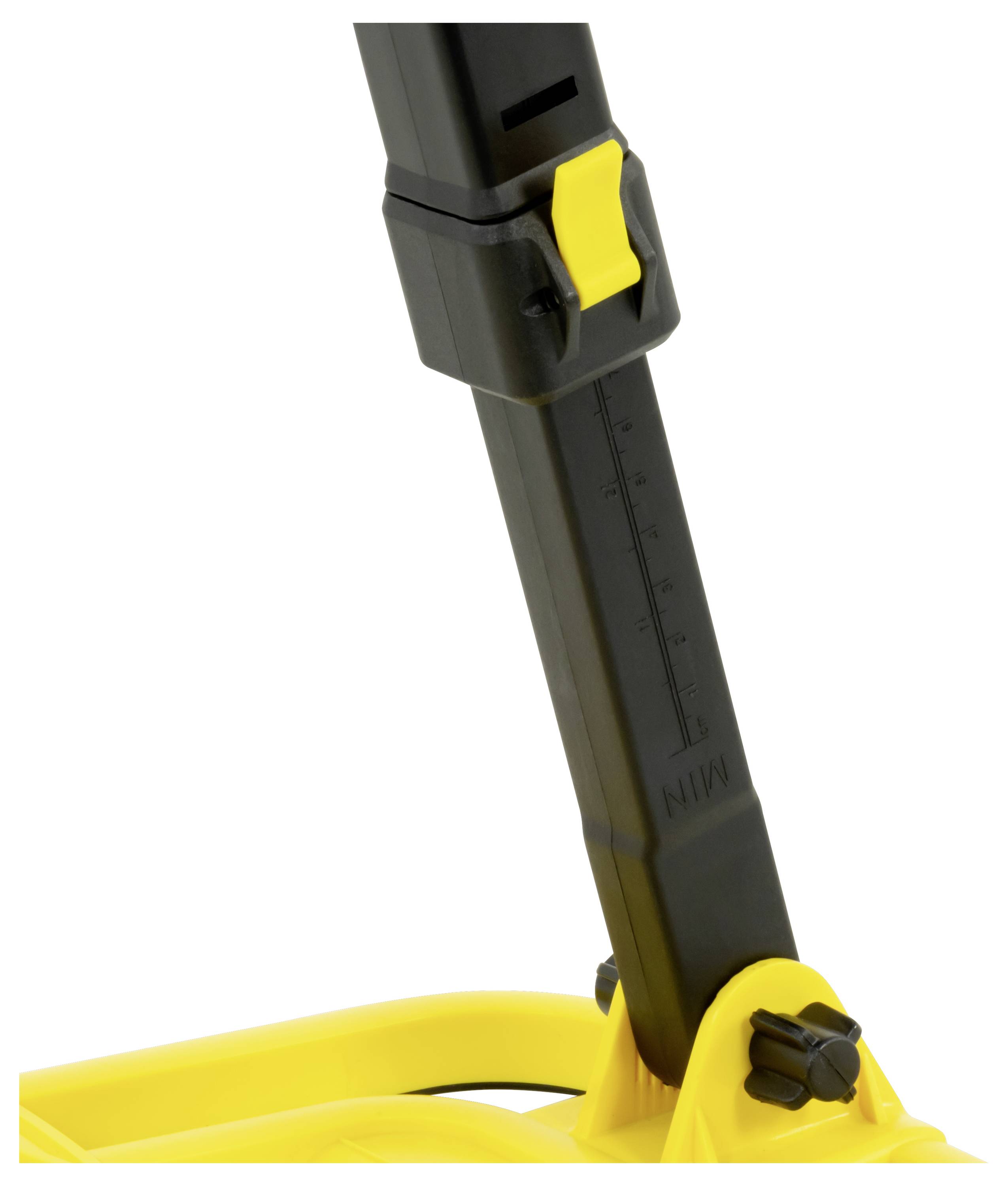 Gros plan d'un pôle noir réglable avec un levier de verrouillage jaune et un connecteur de base sur un appareil jaune.