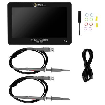 Kit d'oscilloscope de panneau PCE avec appareil à écran tactile, deux câbles de sonde, pointe de sonde et câble d'alimentation USB sur fond blanc.