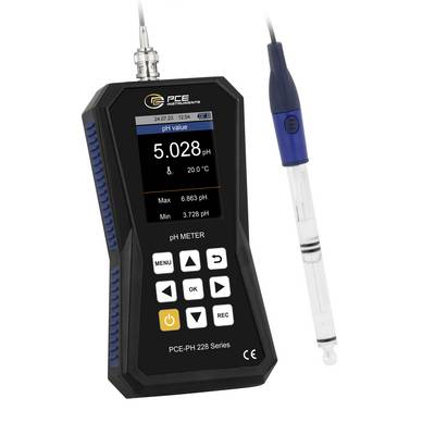 Appareil de mesure de pH portatif PCE affichant une valeur de pH de 5,028 et 20,0 °C, avec une sonde connectée à côté.