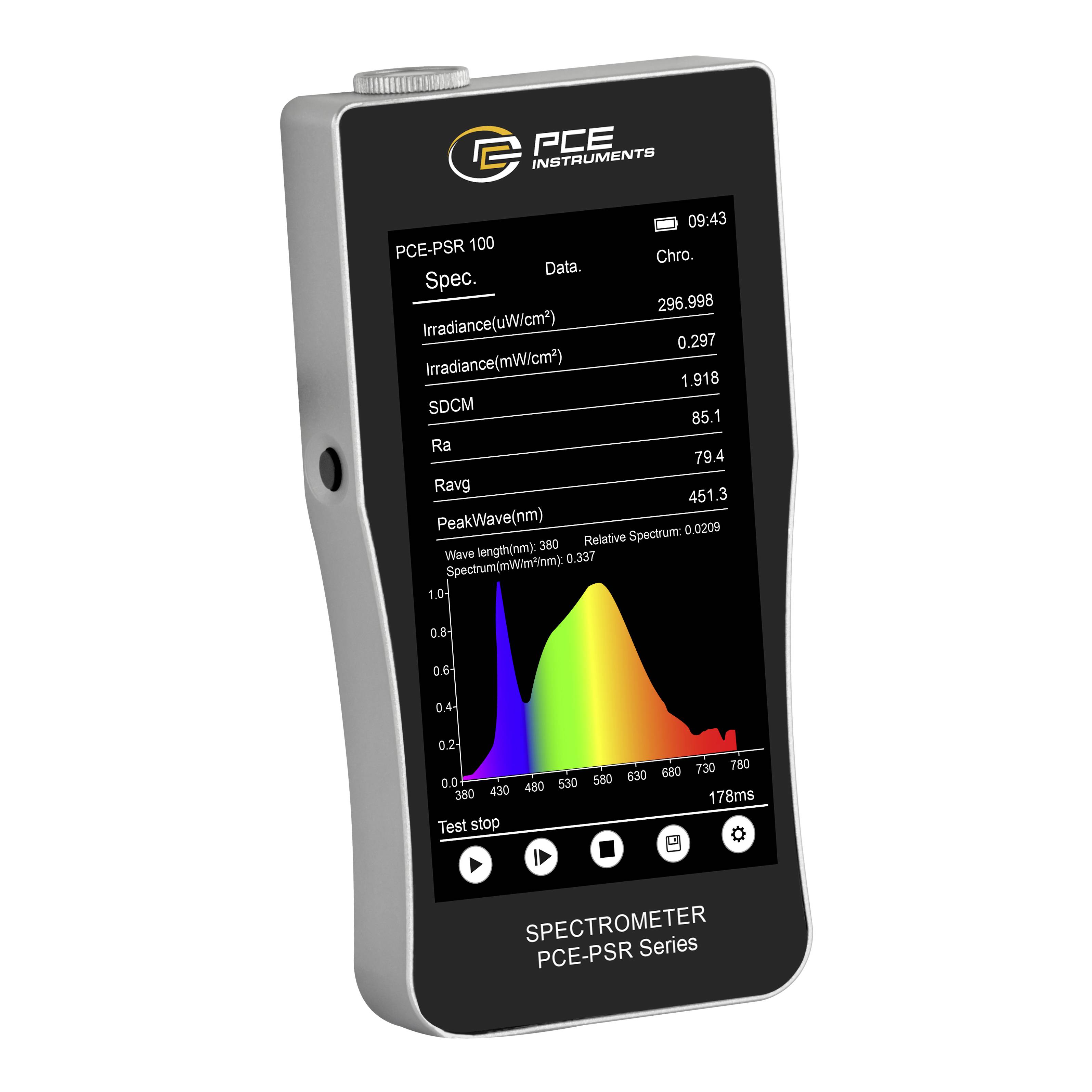 Spectromètre d'instruments PCE portatif affichant des mesures de lumière et un graphique spectral coloré sur son écran.
