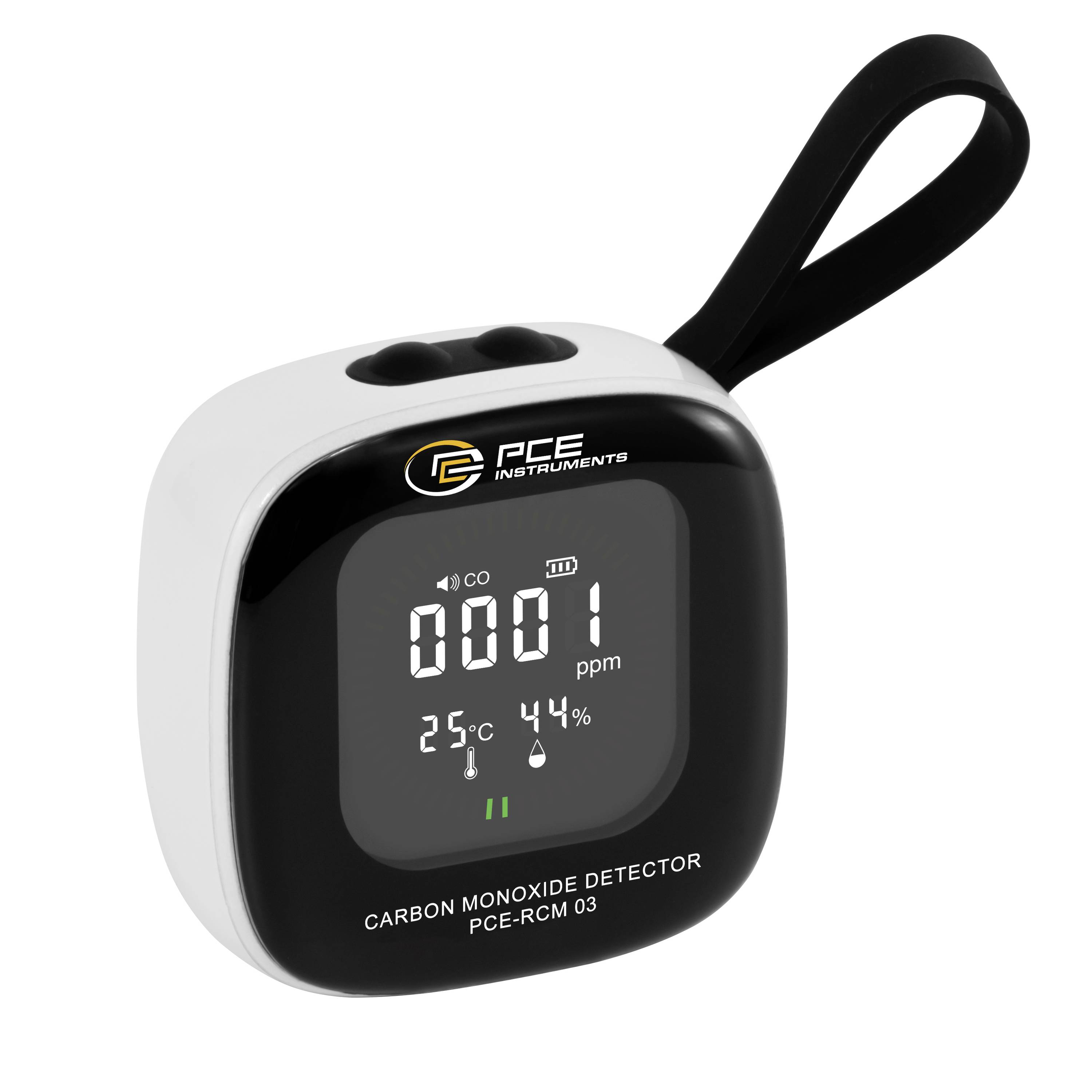 Détecteur de monoxyde de carbone PCE Instruments portable avec bracelet de poignet, affichant une lecture numérique de CO de 1 ppm, 25°C et 44% d'humidité.