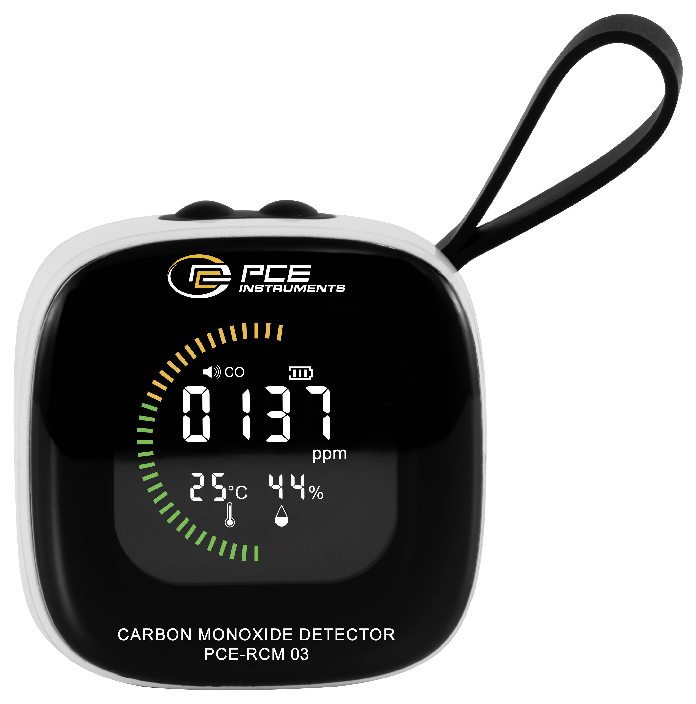 Détecteur portable de monoxyde de carbone affichant 137 ppm, 25°C et 44% d'humidité, avec une sangle de poignet et une marque PCE Instruments.