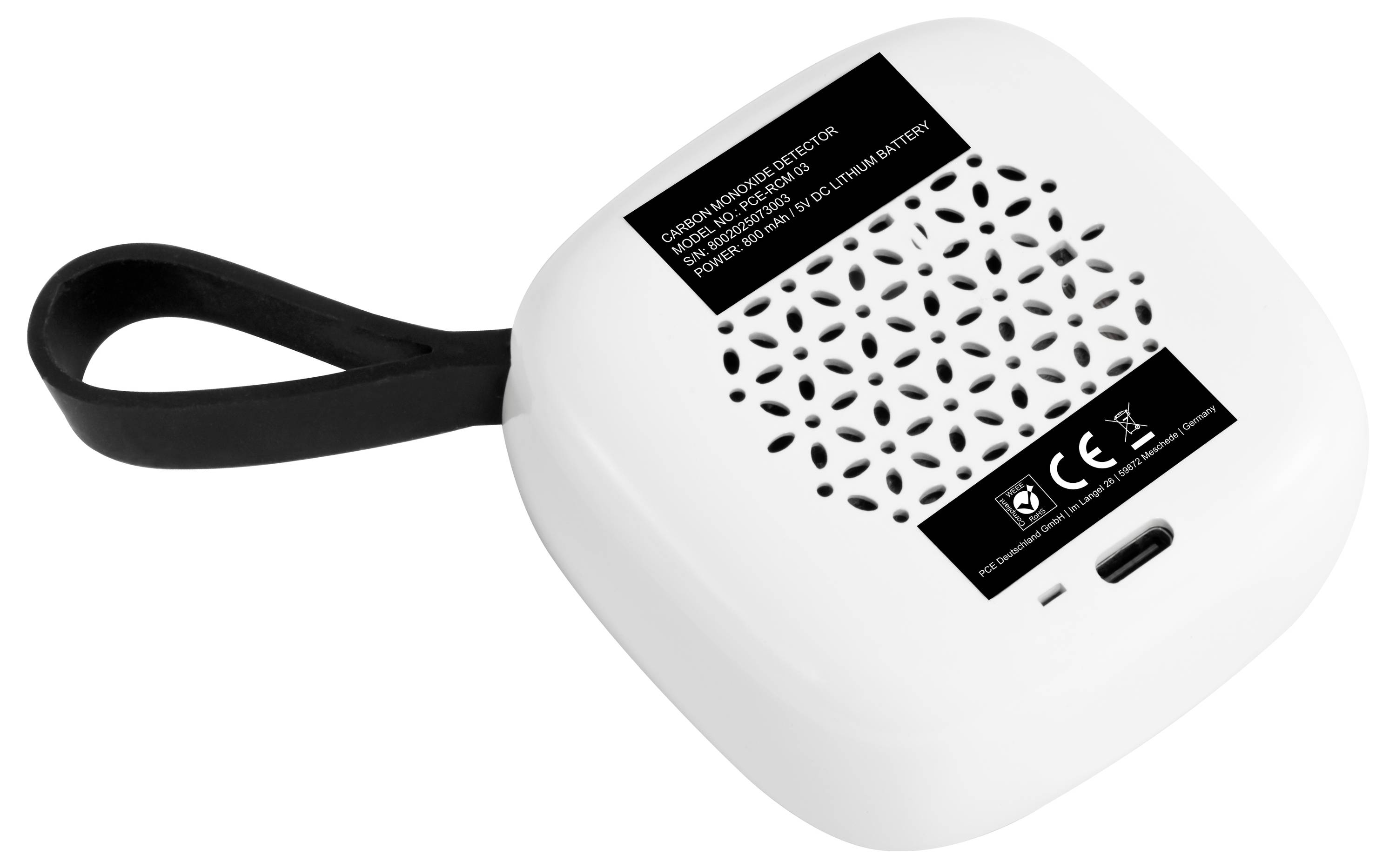 Détecteur de monoxyde de carbone portable blanc avec bracelet-poignet noir, fentes de haut-parleur perforées et étiquettes adhésives au dos.