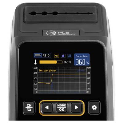 Instrument PCE portatif affichant un thermomètre avec la température actuelle de 360°C et un graphique de tendance de température sur son écran.