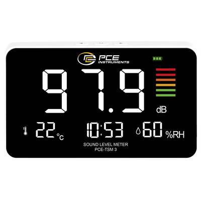 Affichage d'un sonomètre numérique montrant 97,9 dB, 22°C, 10:53 et 60% HR avec indicateur de batterie et barres de niveau.