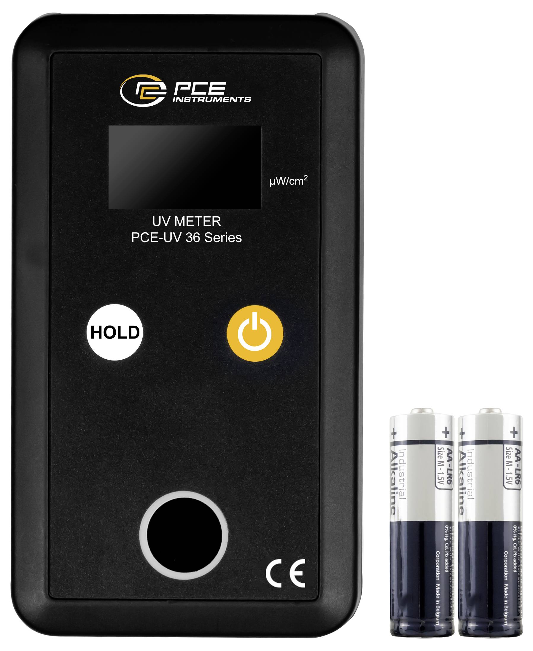 Instrument UV PCE noir, modèle Série PCE-UV 36, présenté avec deux piles AA.