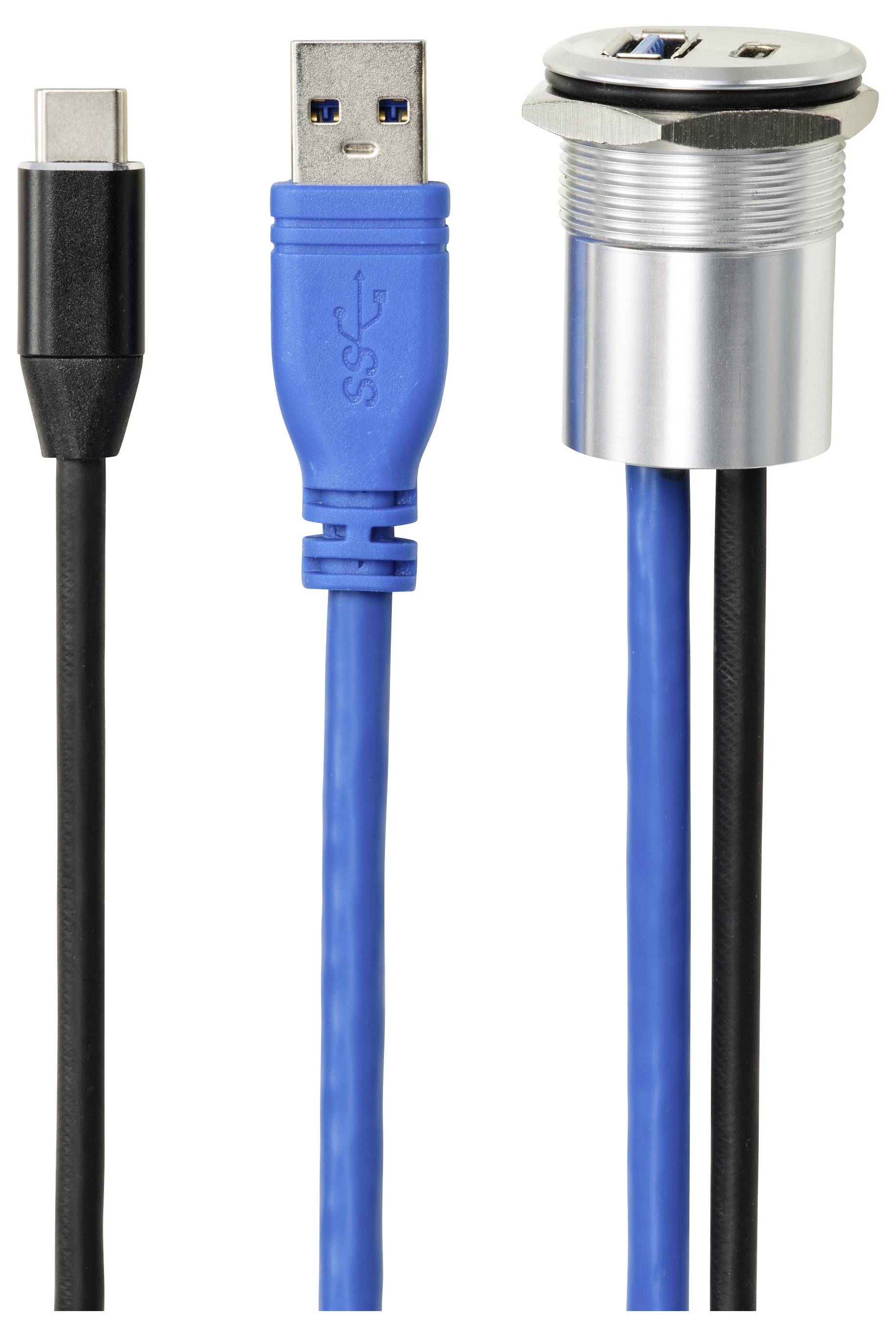 Câbles USB-C et USB-A avec un panneau de montage de port USB.