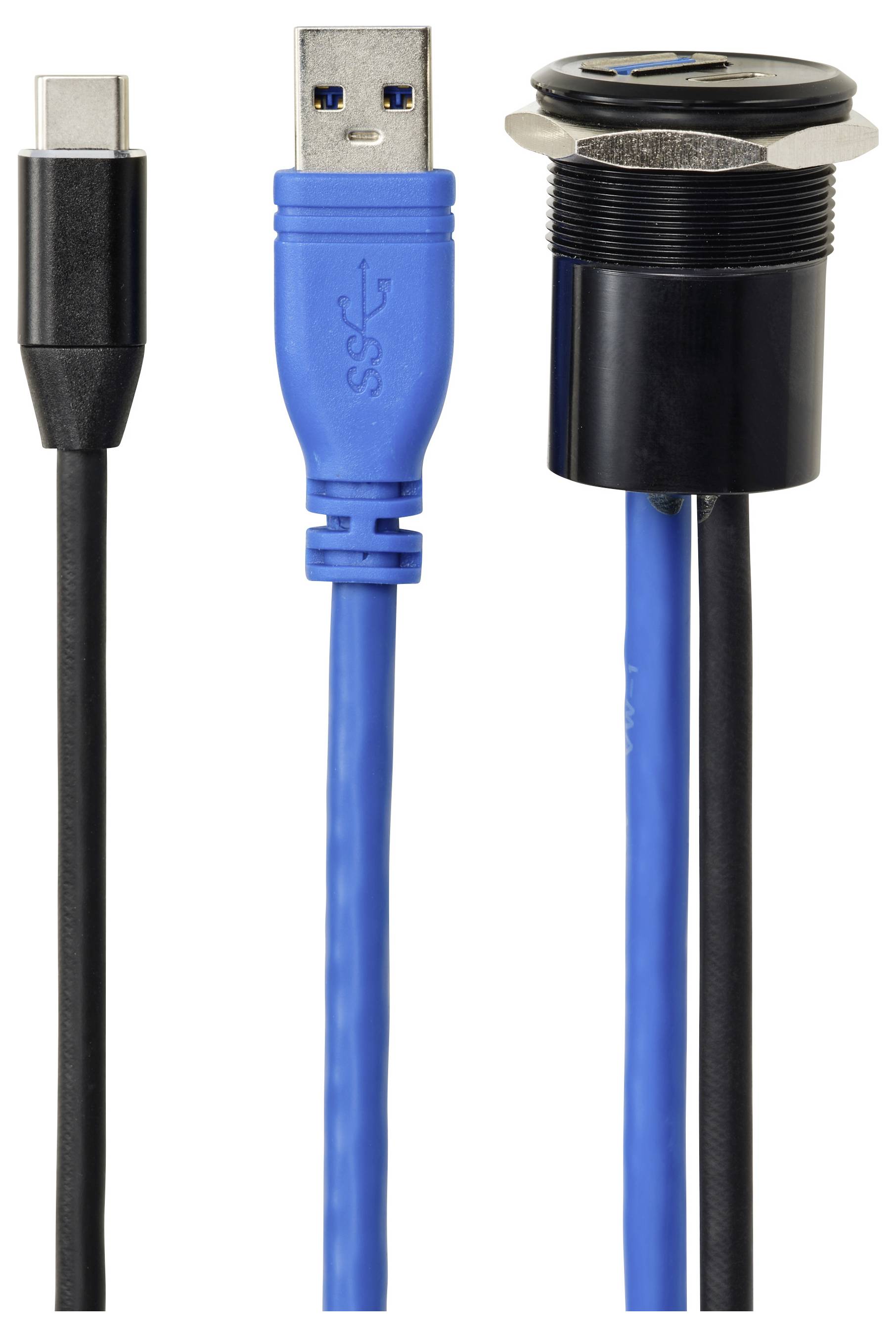 Un connecteur de port USB en métal avec un intérieur bleu, doté d'un boîtier fileté noir et argenté et d'une boucle de protection.