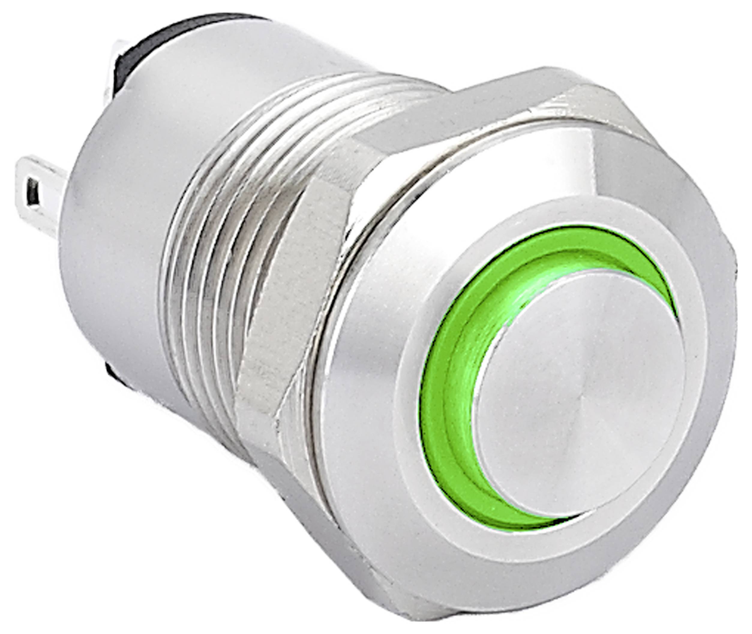 Un interrupteur à bouton poussoir métallique avec un anneau indicateur LED vert arrondi et illuminé. L'interrupteur est cylindrique avec des côtés filetés pour le montage.