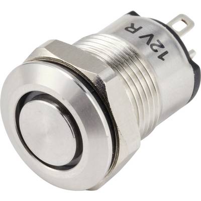 Un bouton poussoir métallique étiqueté « 12V », avec un corps fileté et deux broches de connexion, couramment utilisé dans les appareils électroniques.