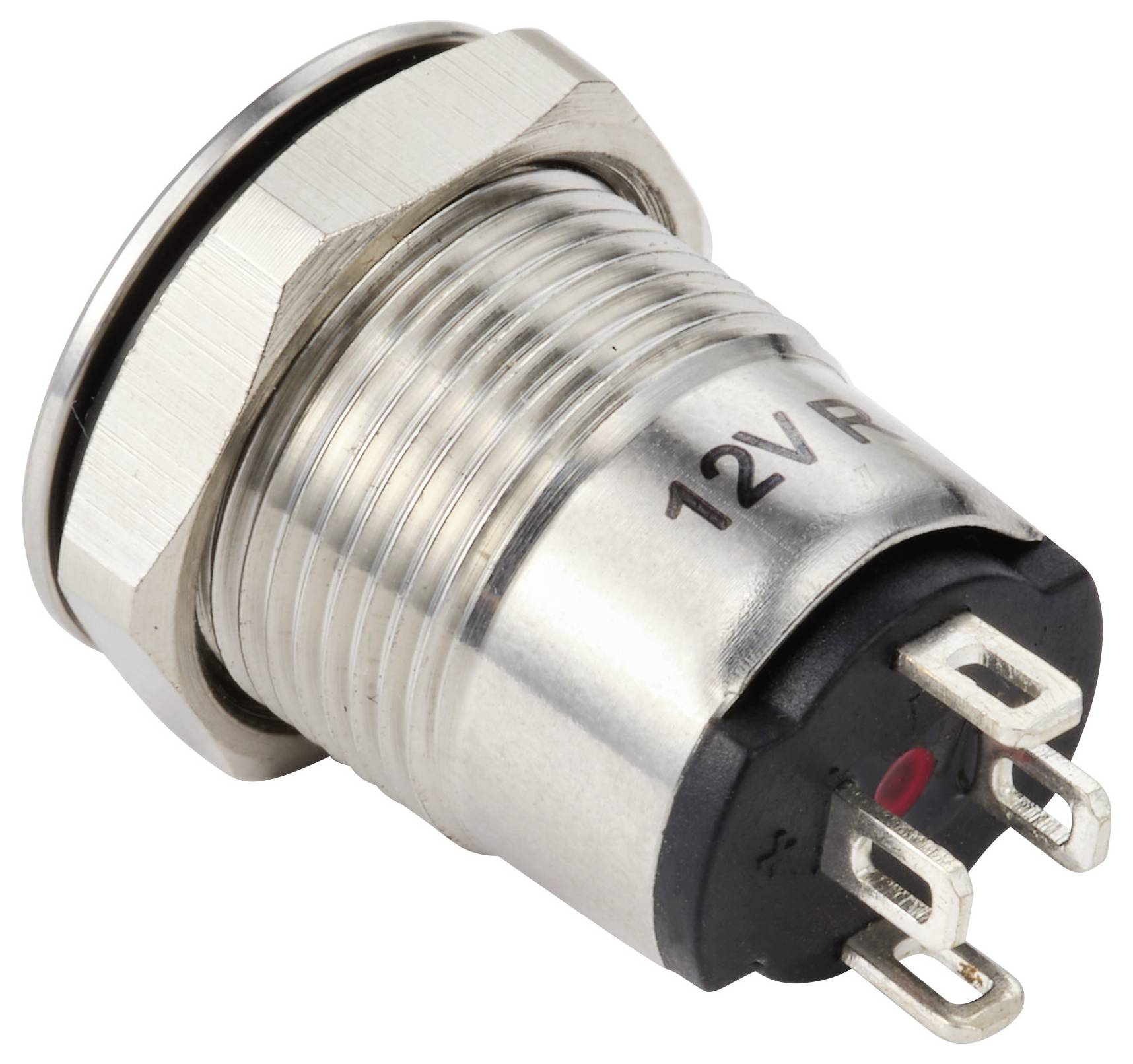 Un bouton-poussoir métallique étiqueté « 12V », présentant deux écrous de montage et trois broches terminales pour les connexions électriques.
