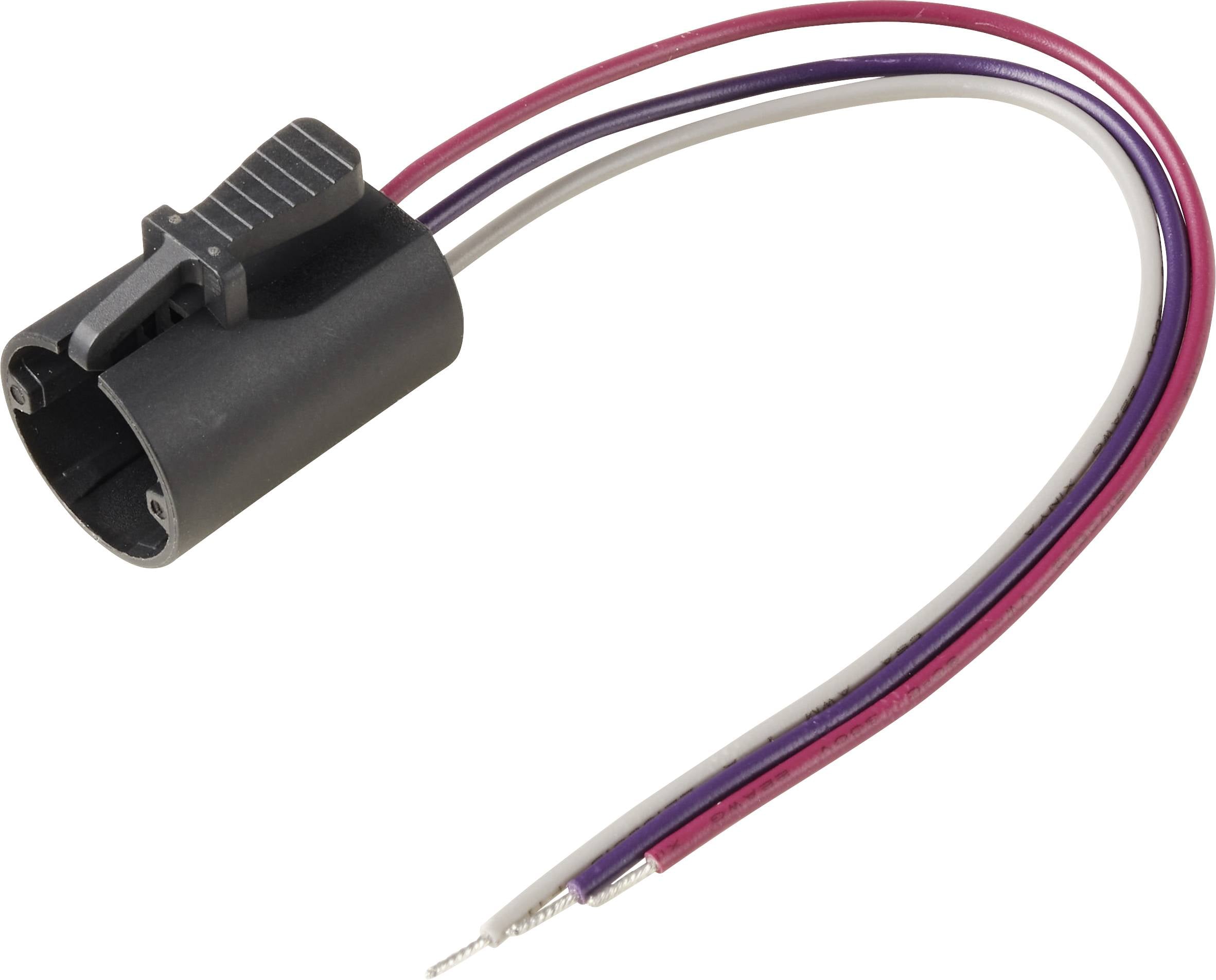 Un connecteur automobile noir avec trois fils attachés : rouge, violet et blanc, avec des extrémités dénudées pour la connexion électrique.