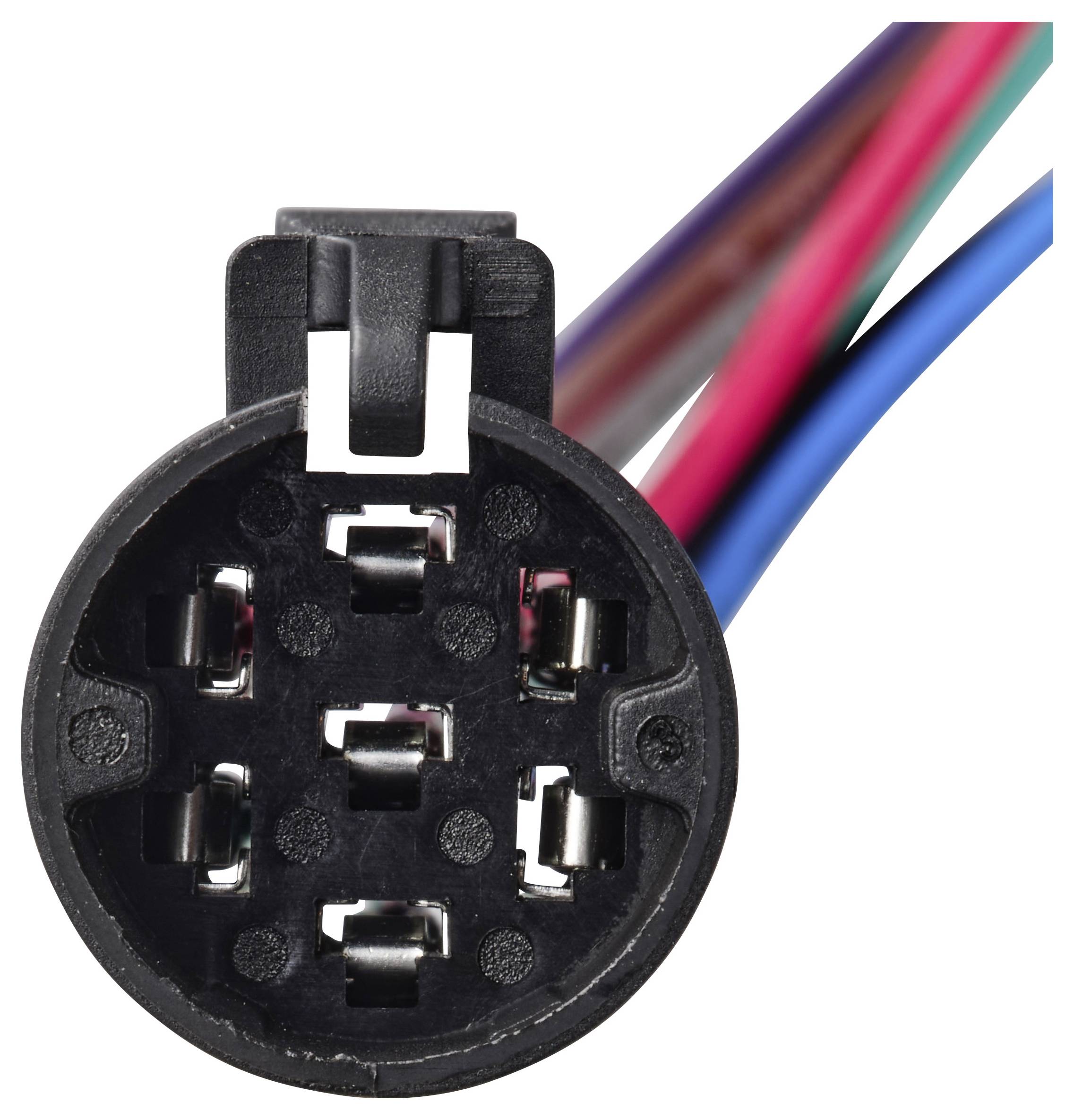 Gros plan d'un connecteur de remorque à 7 broches avec des fils de couleur attachés, utilisé pour les connexions électriques entre les véhicules et les remorques.