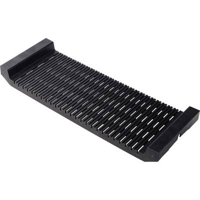 Grille métallique noire à fentes ou support de séchage avec extrémités surélevées, présenté sur fond blanc.