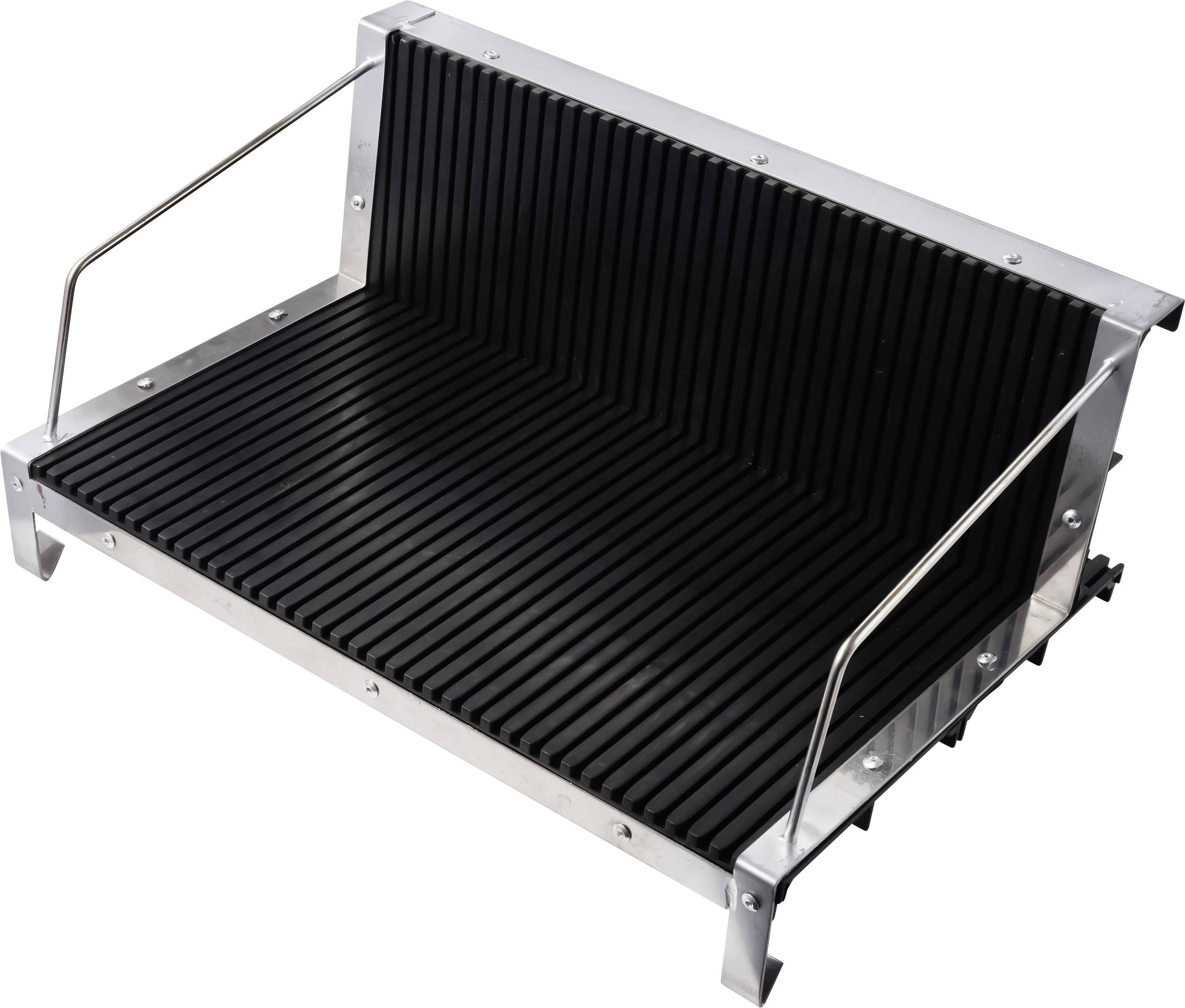 Gril ou rôtissoire de comptoir en acier inoxydable avec surface de cuisson à crête noire et poignées latérales en métal, présenté sur un fond blanc.
