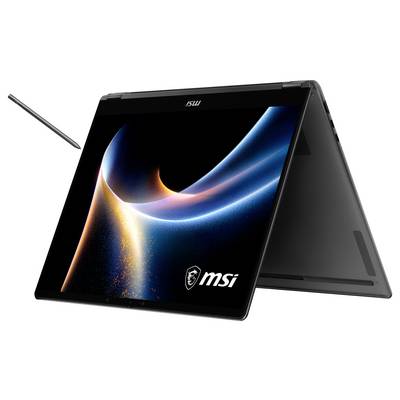 Un ordinateur portable MSI noir en mode tente avec un stylet. Son écran affiche une œuvre d'art numérique abstraite et vibrant avec des tourbillons de bleu et d'orange.