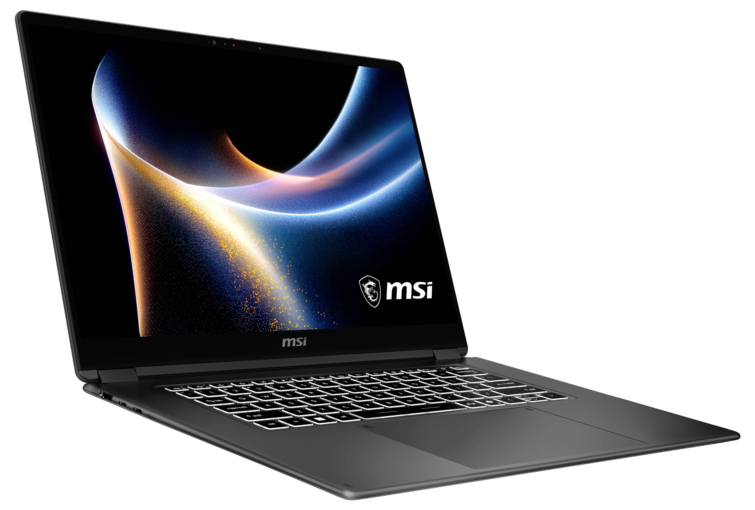 Un élégant ordinateur portable MSI avec un design abstrait lumineux sur l'écran, doté d'un clavier fin et d'une finition métallique noire.