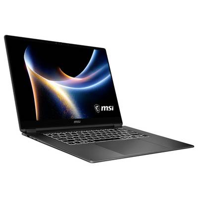 Un élégant ordinateur portable MSI avec un design abstrait lumineux sur l'écran, doté d'un clavier fin et d'une finition métallique noire.