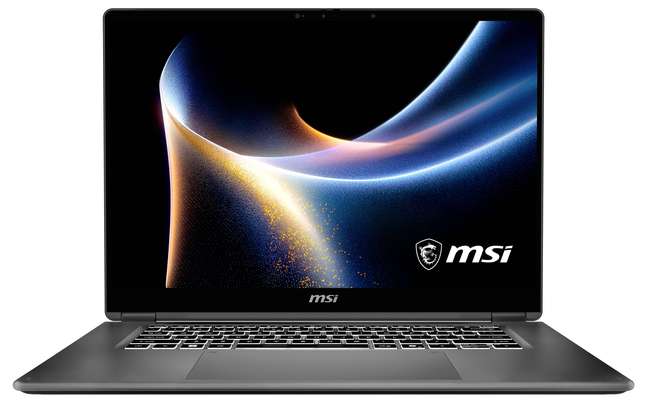 Un ordinateur portable MSI noir avec un motif de tourbillon abstrait luminescent sur l'écran et le logo MSI dans le coin inférieur droit de l'écran.