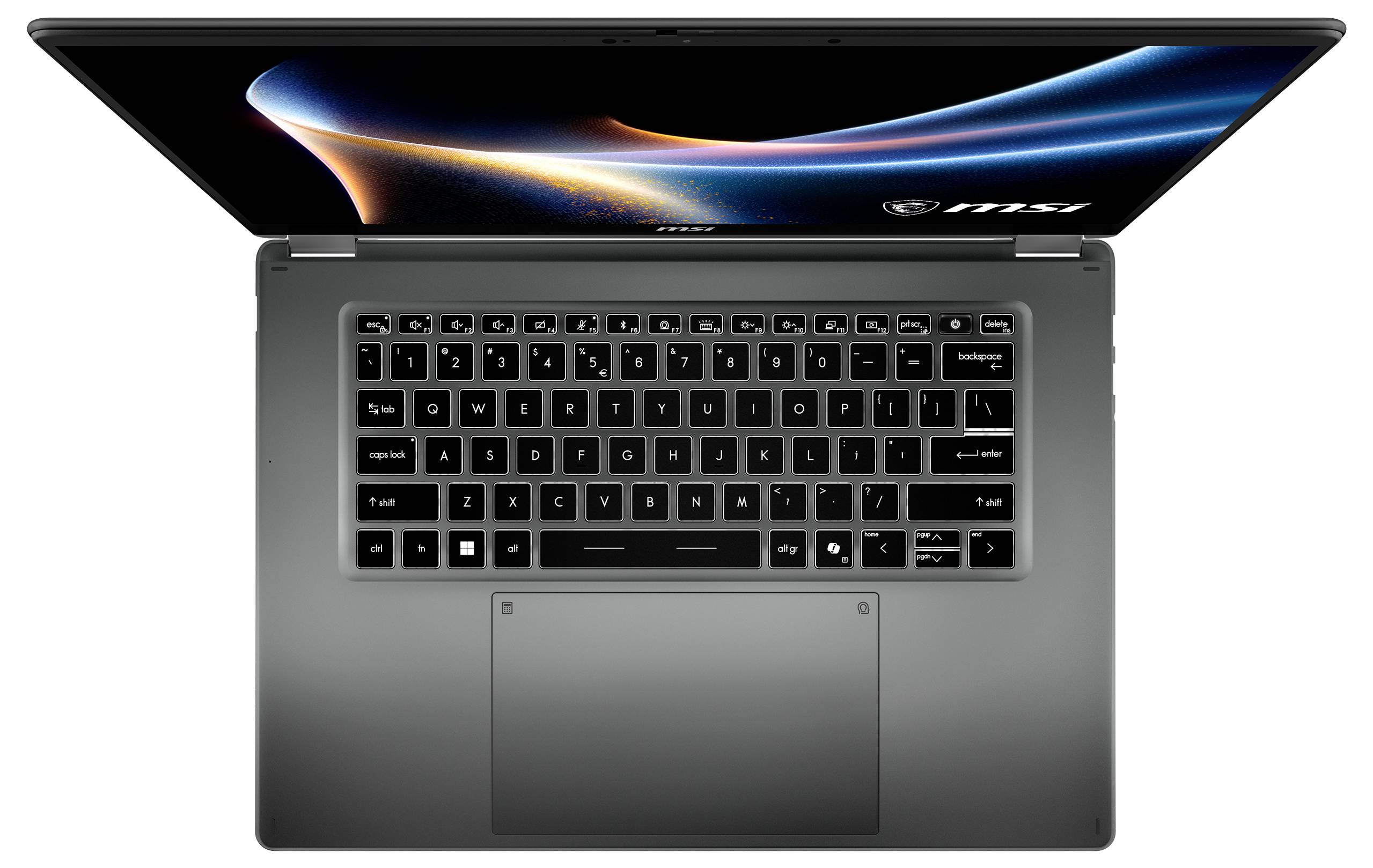 Ordinateur portable ouvert vu de dessus, montrant le clavier et le pavé tactile, avec un écran coloré affichant des graphiques abstraits.