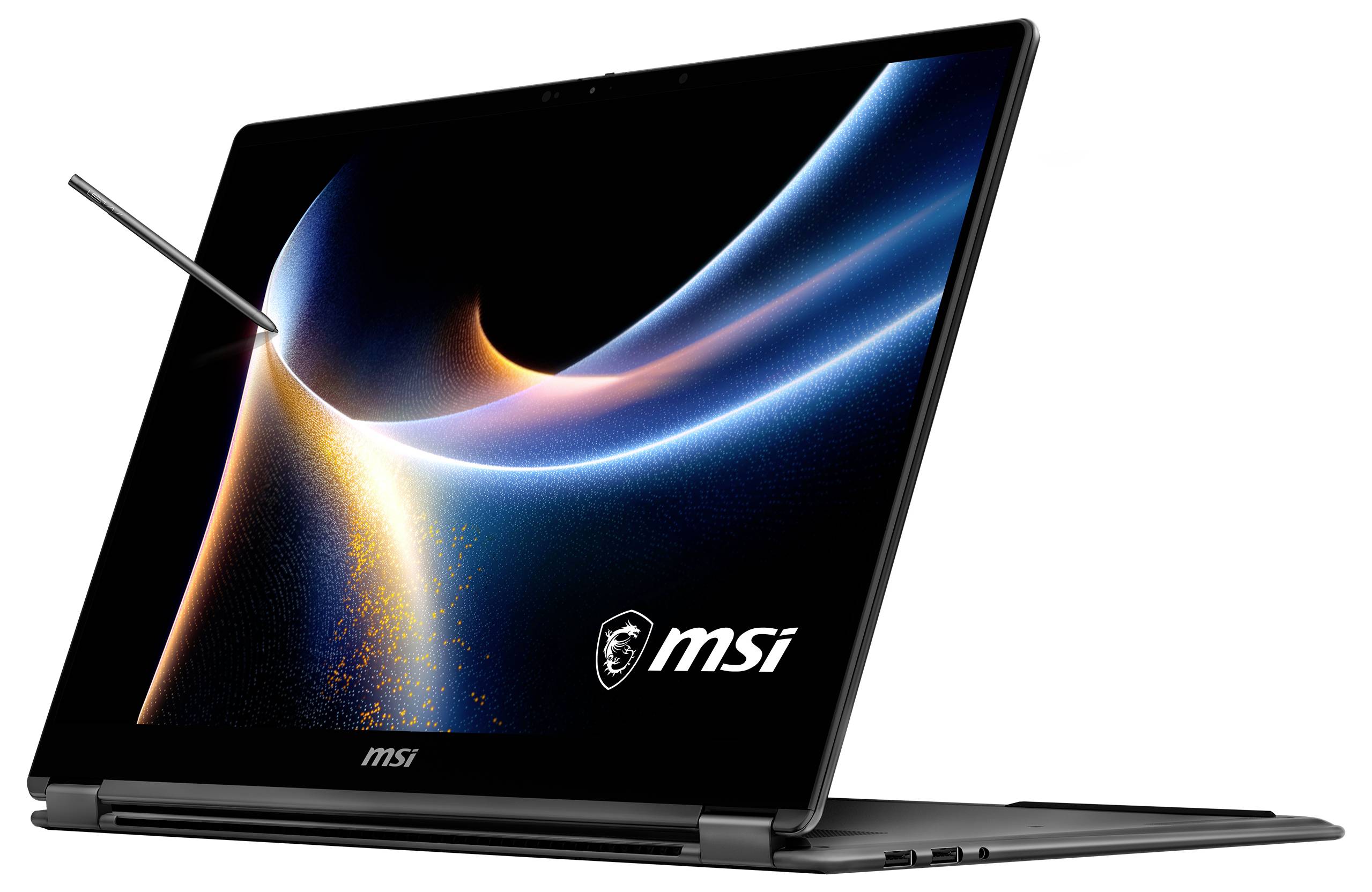 Un élégant ordinateur portable argenté avec un stylet touchant l'écran, affichant des ondes lumineuses dynamiques. Le logo indique « msi » dans le coin inférieur droit.