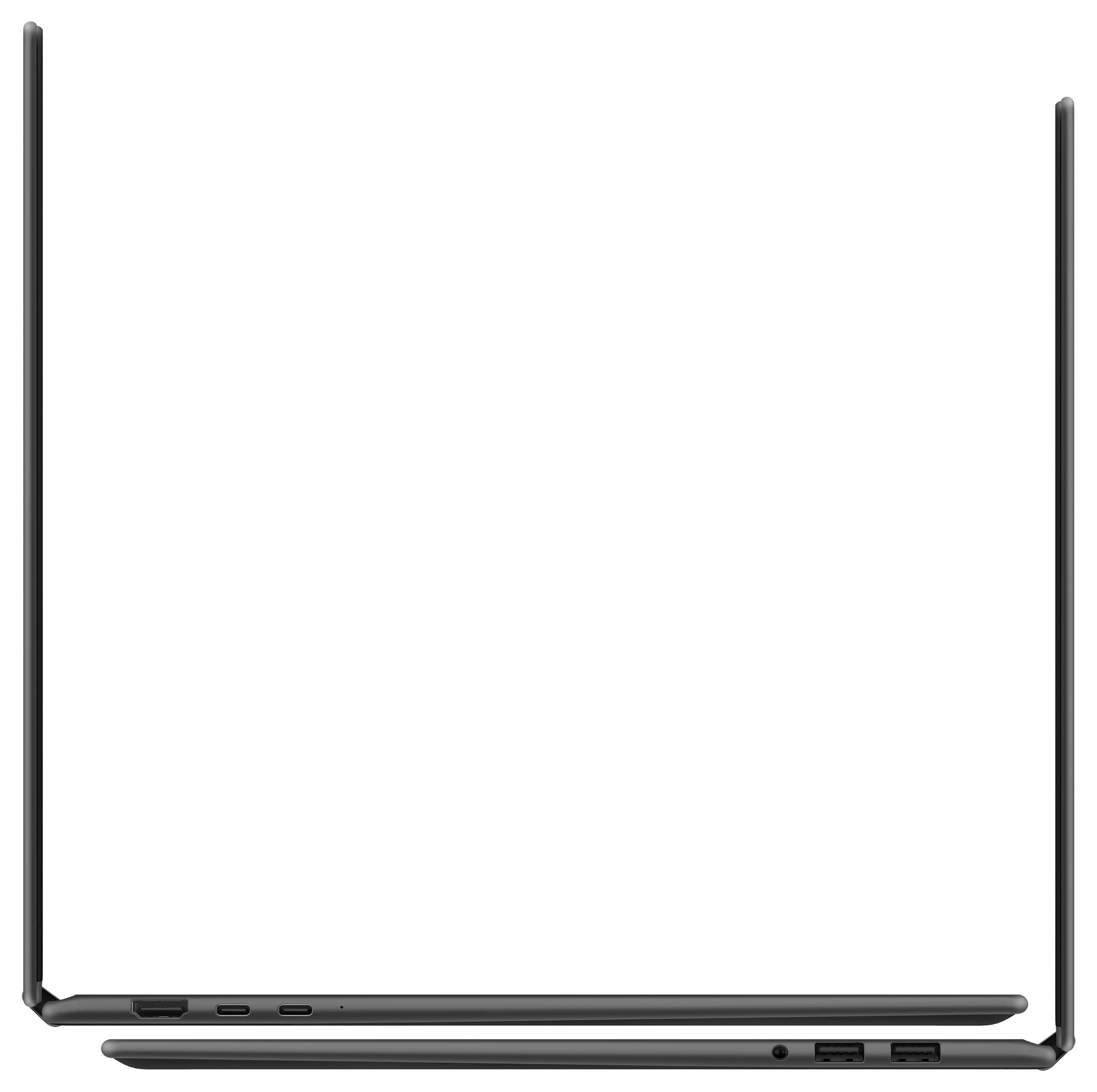 Un ordinateur portable mince et ouvert est montré de côté, mettant en évidence son profil fin et son design minimaliste.
