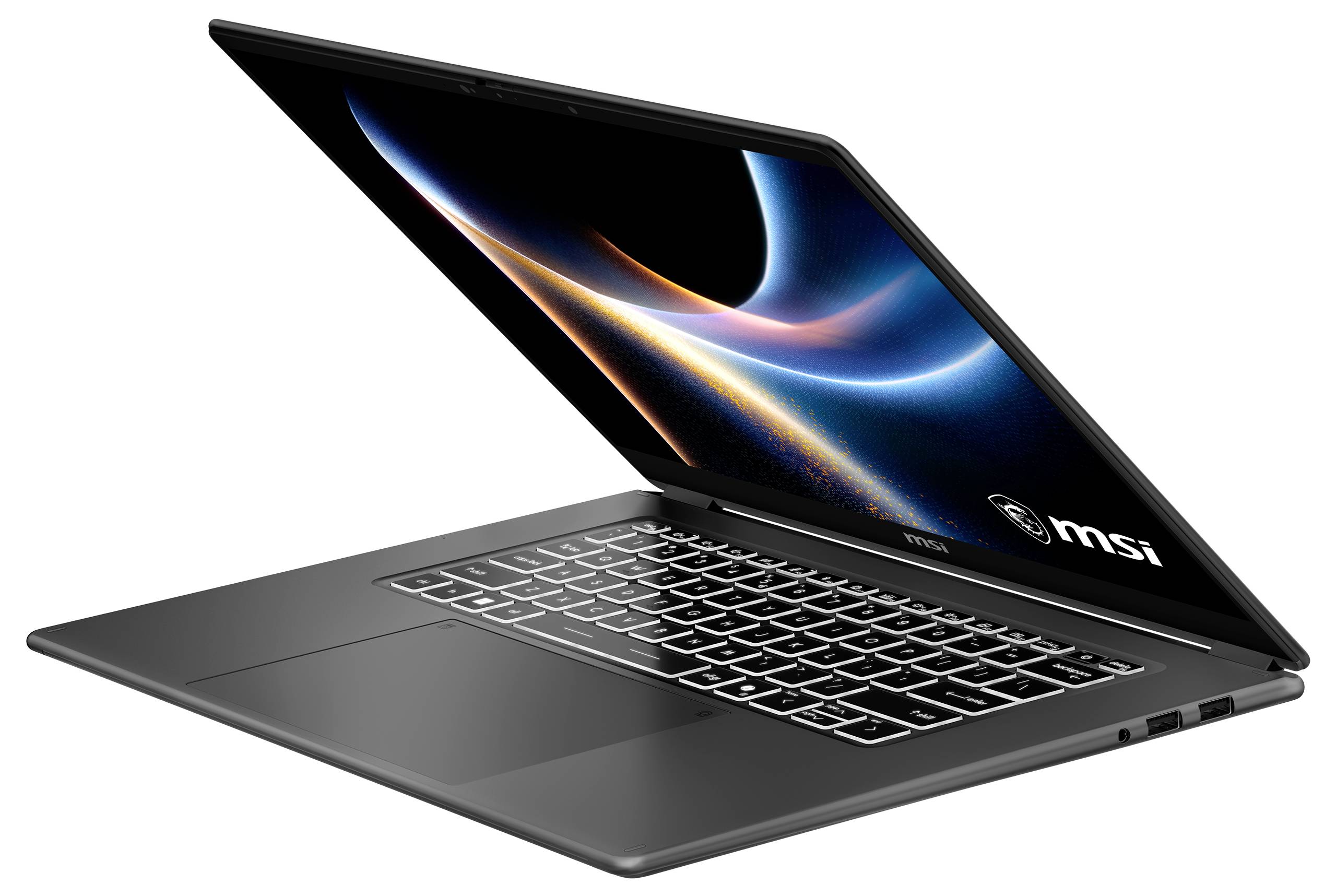 Un élégant ordinateur portable MSI avec un couvercle partiellement ouvert affiche un écran éclatant, un clavier rétroéclairé et des ports sur le côté.