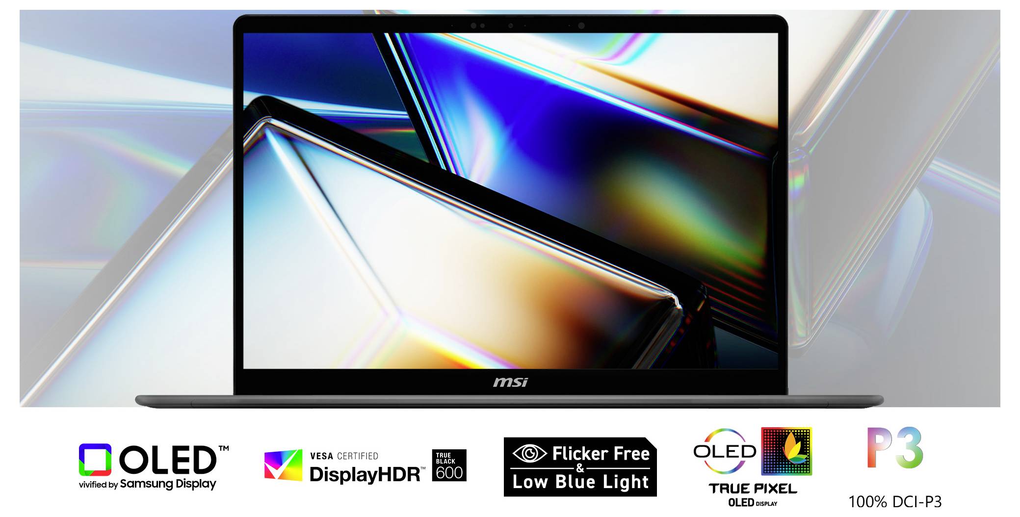 Un ordinateur portable avec un écran OLED vibrant affiche des reflets colorés. Les icônes ci-dessous mettent en évidence les caractéristiques : couleur éclatante, faible lumière bleue, qualité de pixel authentique.