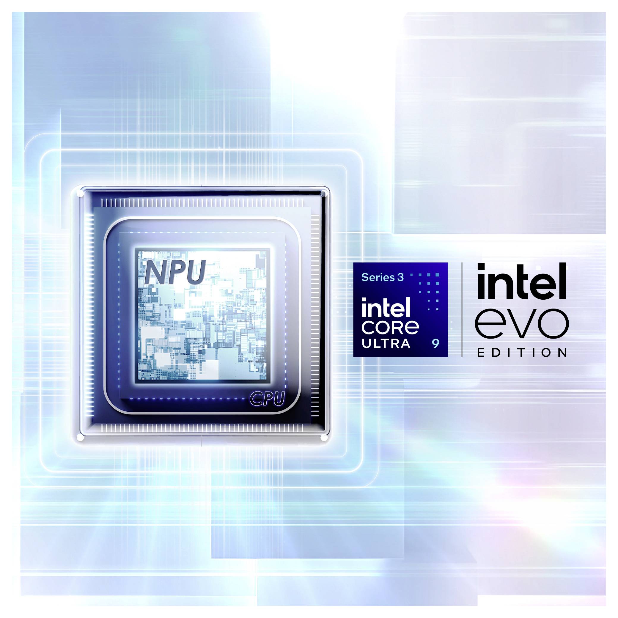 'Image d'un processeur Intel Core Ultra Series 3, étiqueté avec 'NPU' et 'Intel Evo Edition', présentant un arrière-plan à thème numérique et technologique.'