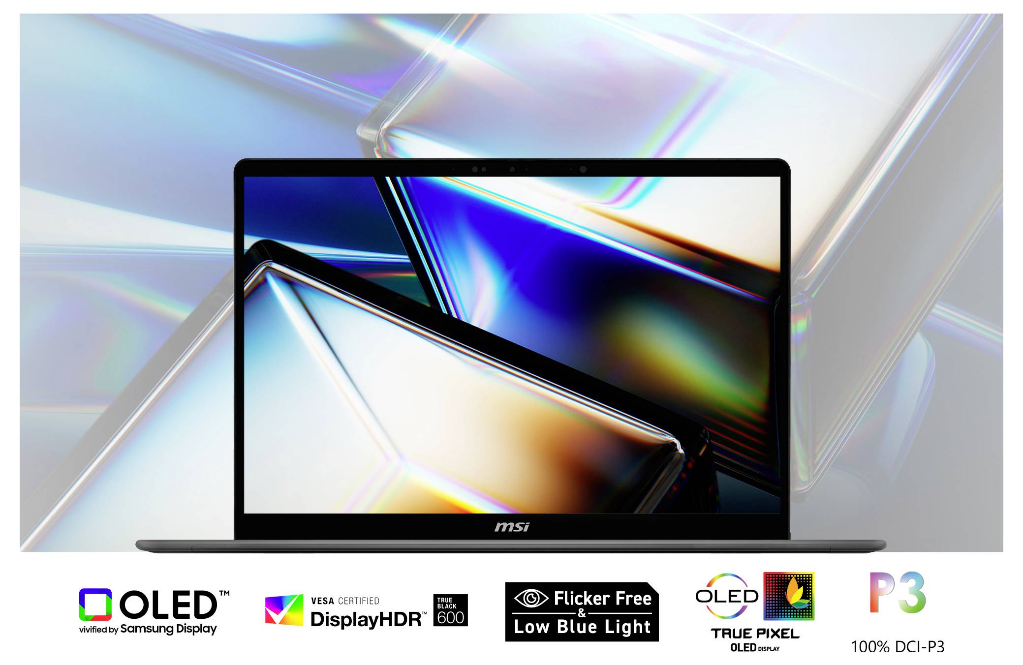 Un ordinateur portable affichant des motifs abstraits vibrants avec les caractéristiques suivantes : OLED, DisplayHDR certifié VESA, Sans Scintillement, Lumière Bleue Réduite, 100% DCI-P3.