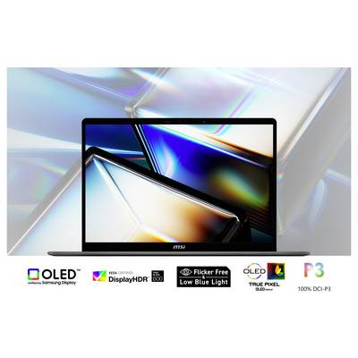 Un ordinateur portable affichant des motifs abstraits vibrants avec les caractéristiques suivantes : OLED, DisplayHDR certifié VESA, Sans Scintillement, Lumière Bleue Réduite, 100% DCI-P3.