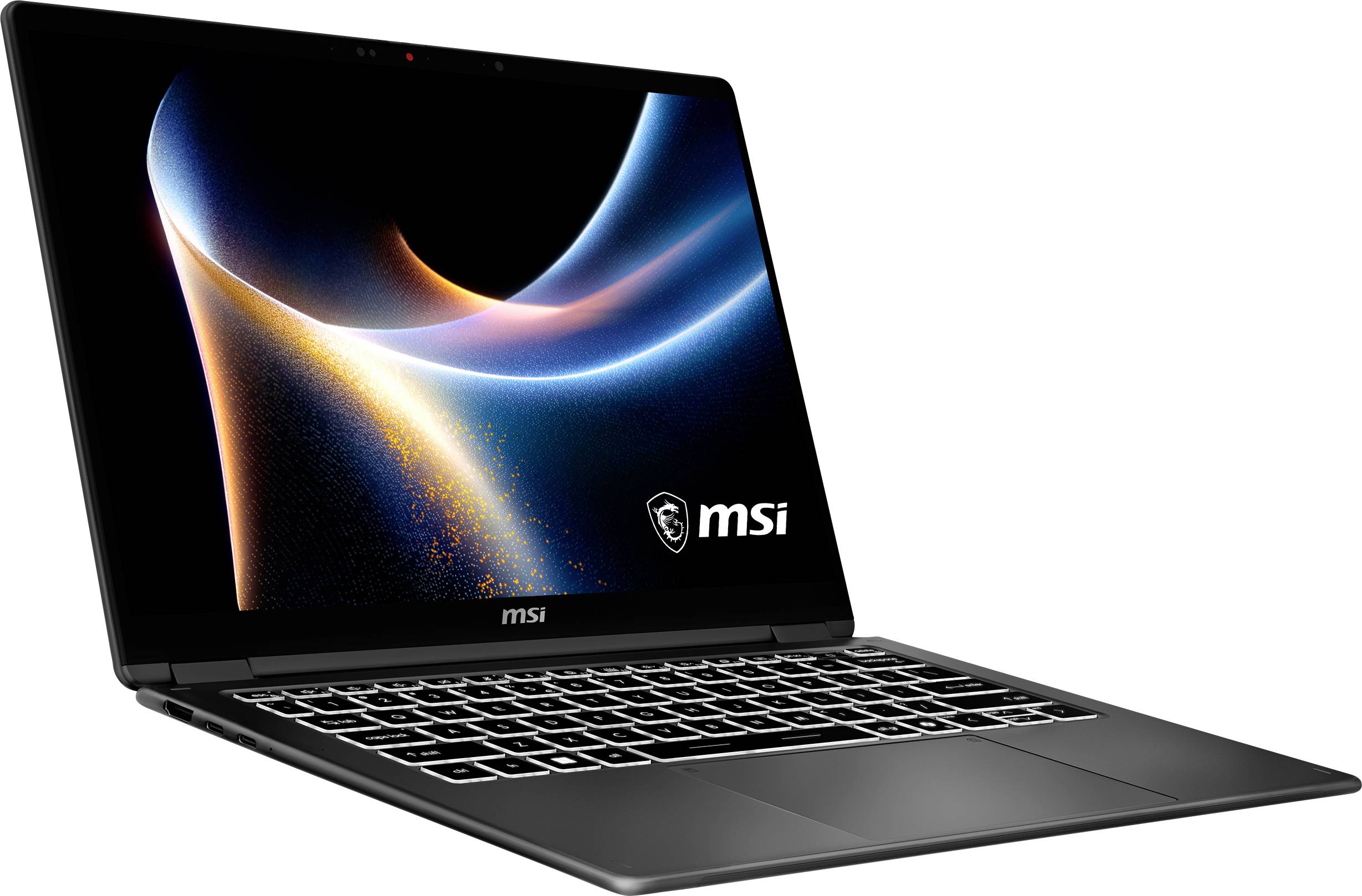 Un ordinateur portable MSI avec un design de lumière abstraite brillante sur l'écran, mettant en avant un clavier élégant et un châssis fin.
