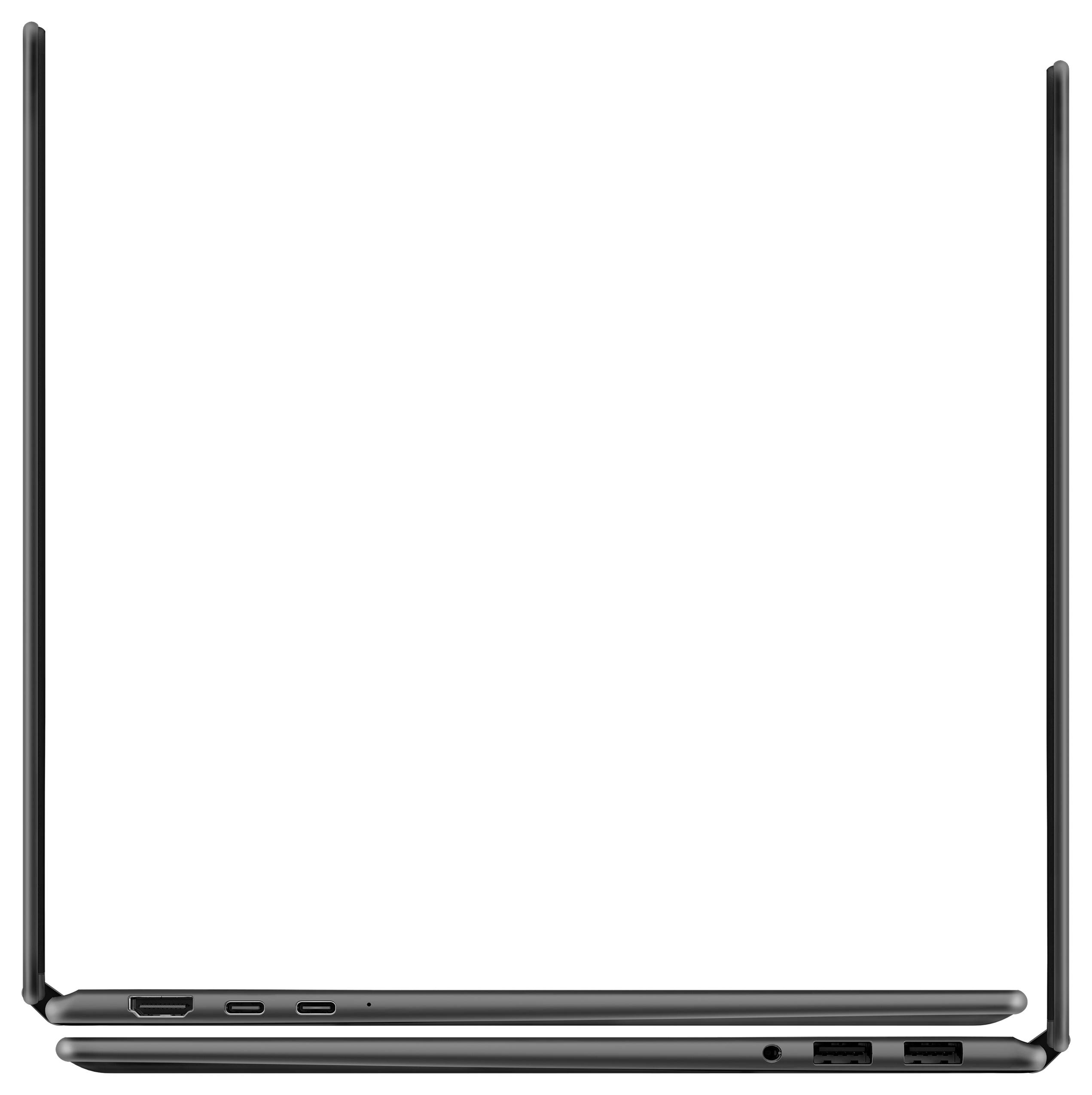 Un ordinateur portable élancé et ouvert, vu de côté, montrant plusieurs ports dont USB, HDMI, et prises audio, mettant l'accent sur ses options de connectivité.