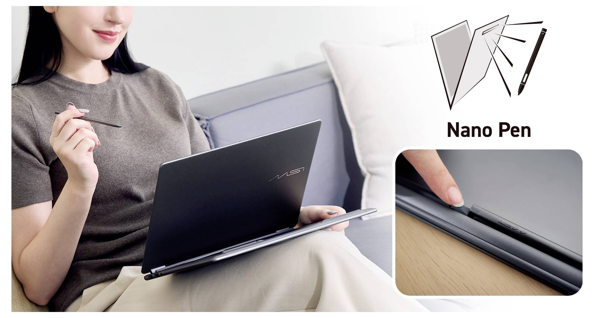 Une personne utilisant un ordinateur portable avec un stylet « Nano Pen ». L'encadré montre le stylet stocké dans l'ordinateur portable. L'illustration met en évidence la fonctionnalité du stylet.