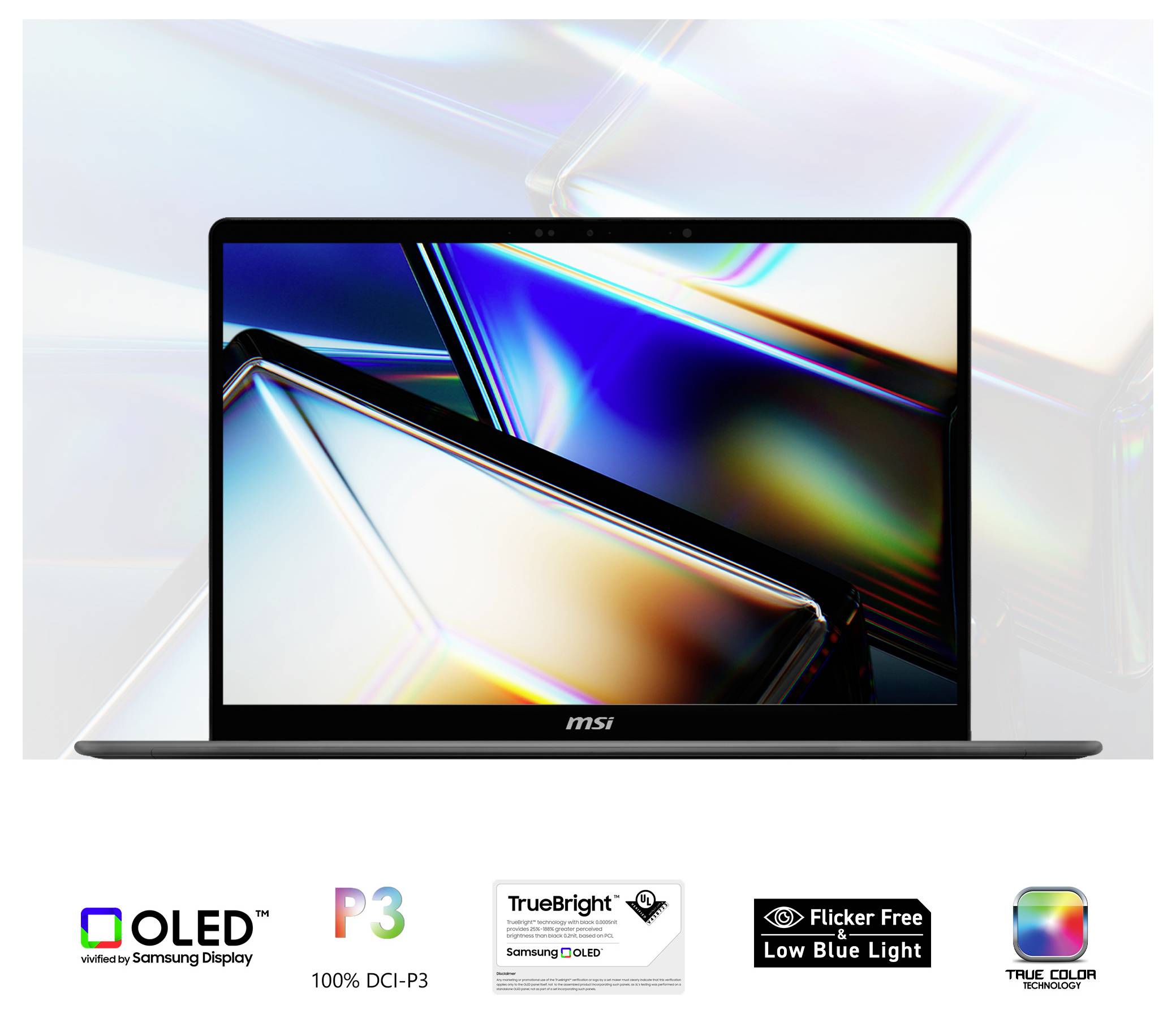 Un ordinateur portable avec un écran vibrant et coloré est affiché. Les logos ci-dessous indiquent un écran OLED, 100% DCI-P3, True Bright, sans scintillement et à faible lumière bleue.