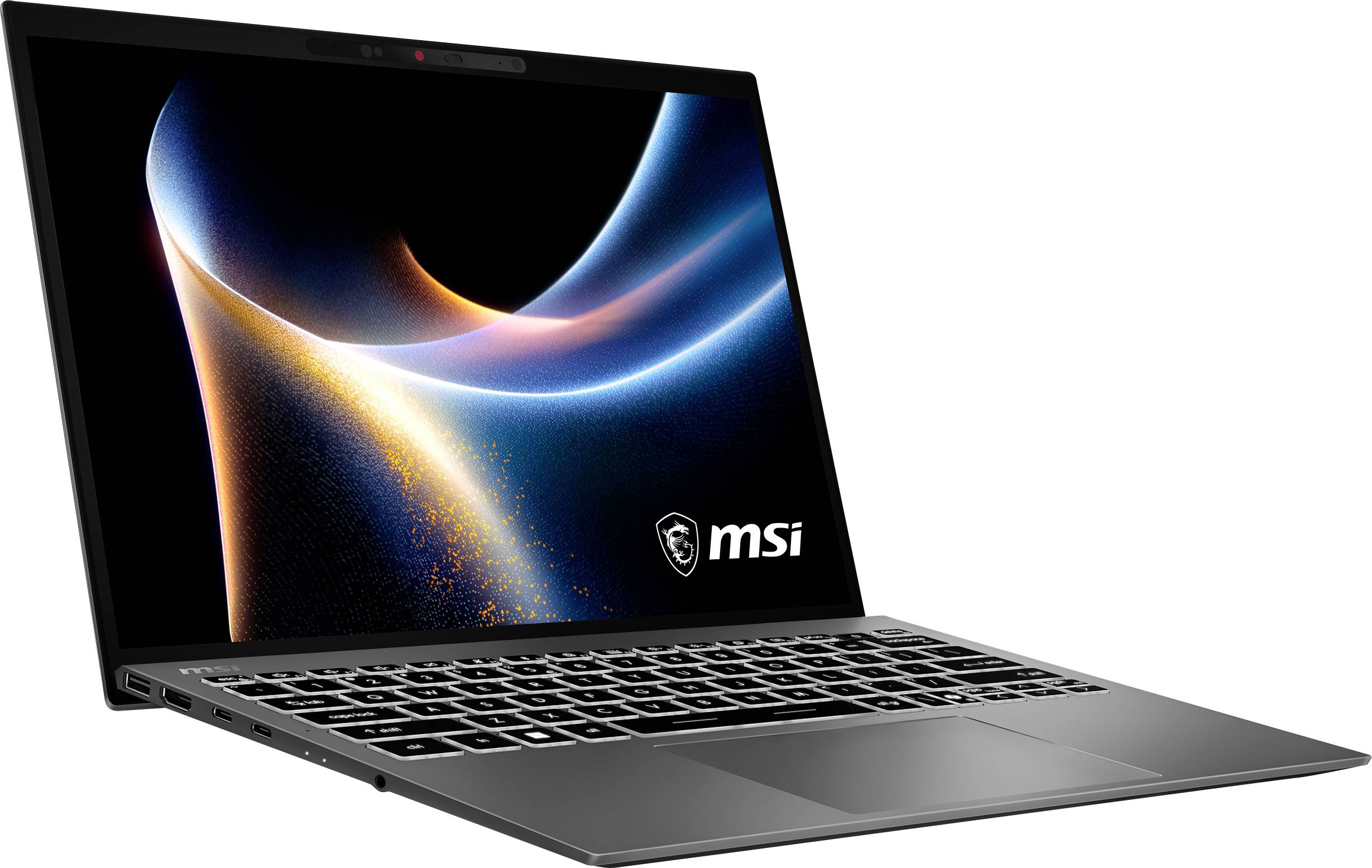 Un élégant ordinateur portable MSI avec un écran éclatant, affichant un tourbillon abstrait bleu et orange.