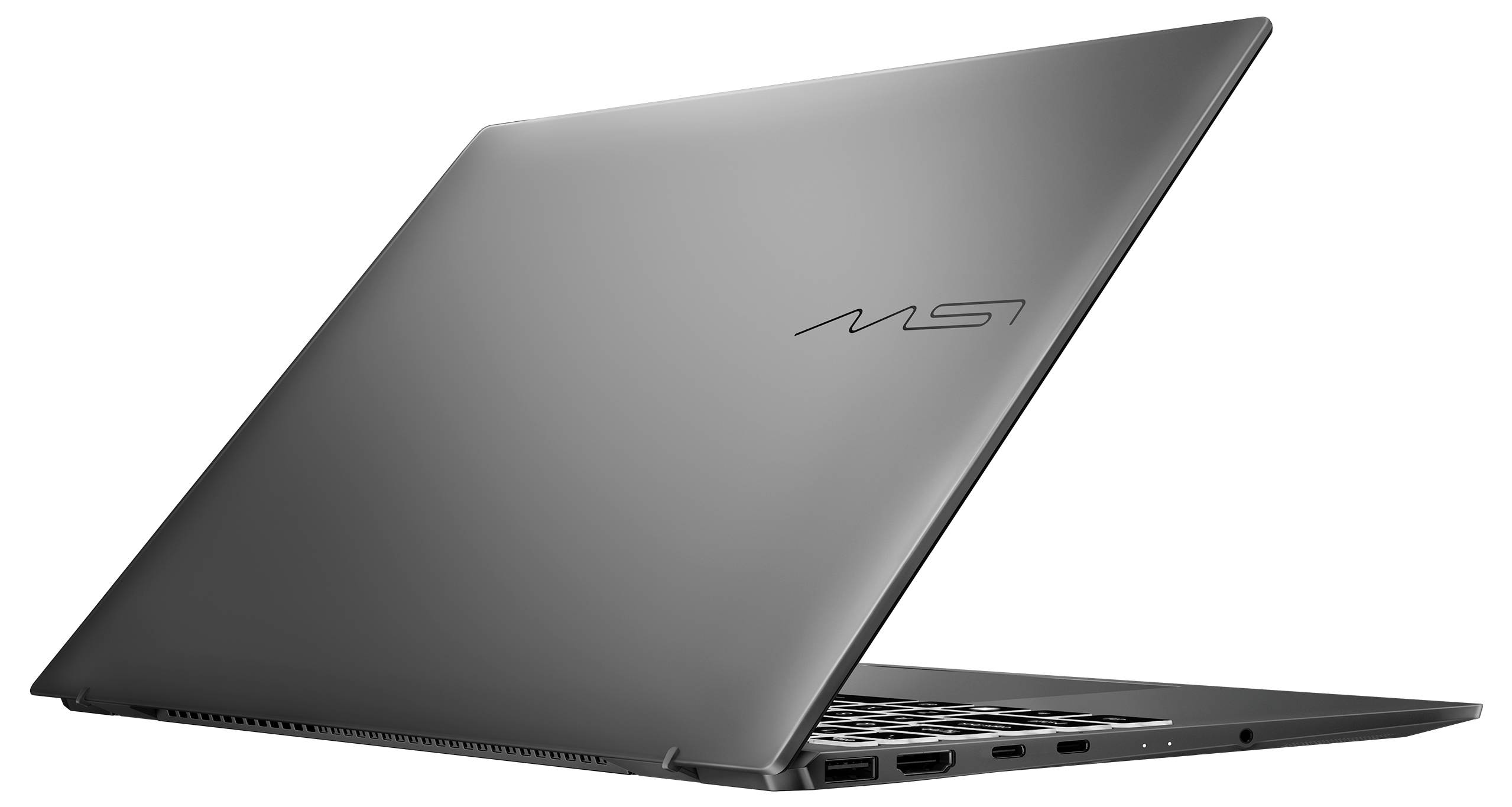 'Élégant ordinateur portable argenté avec le logo MSI sur le couvercle, vu de l'arrière avec un écran partiellement ouvert, mettant en évidence son design ultra-fin.'