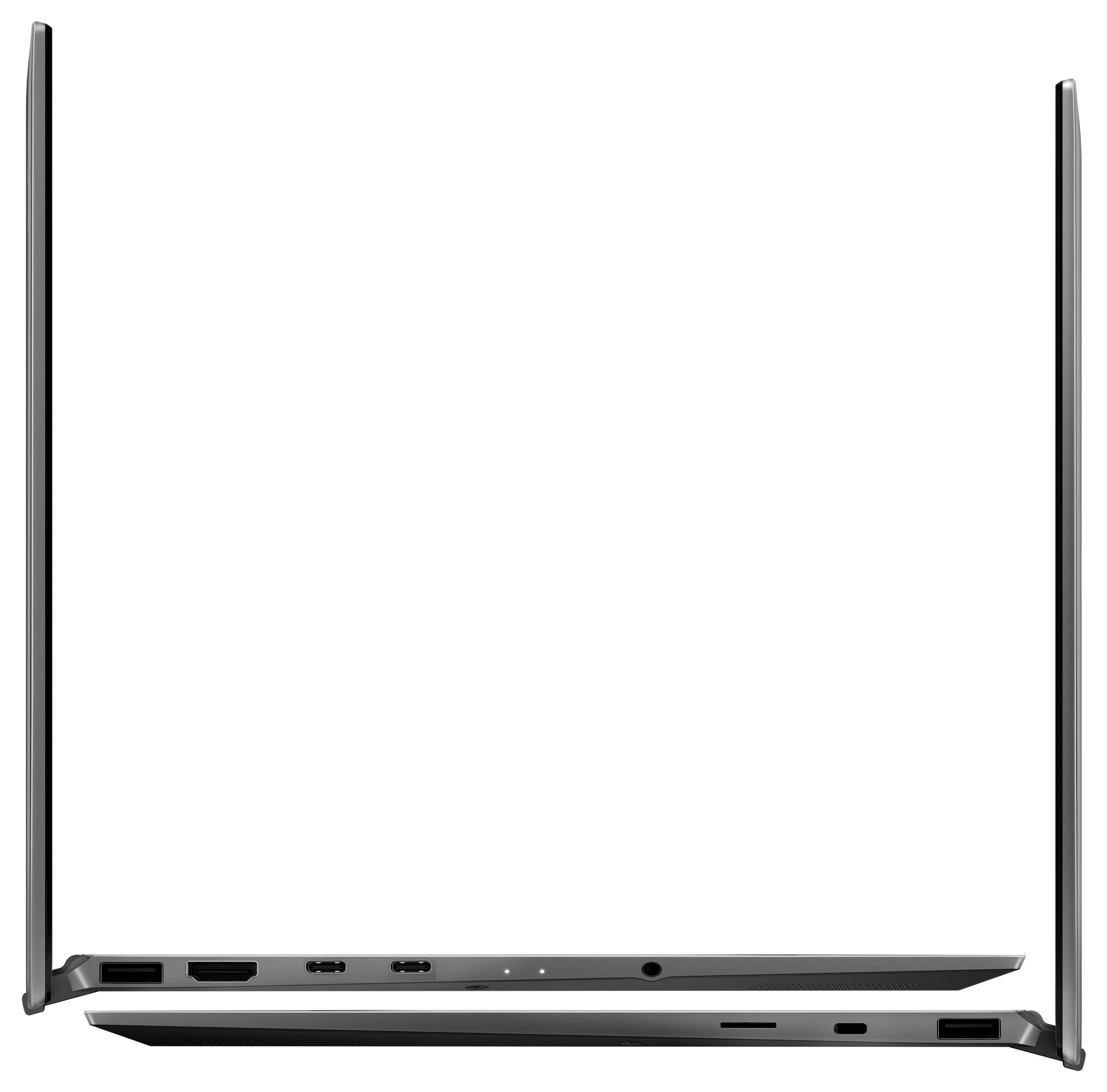 Un ordinateur portable moderne et mince ouvert à un angle de 90 degrés, mettant en avant un design minimaliste avec des ports visibles et une finition métallique.