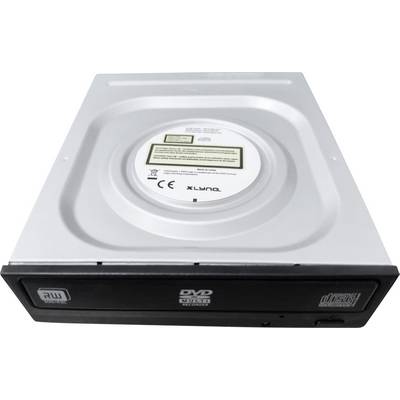Un lecteur DVD-RW interne en argent avec un panneau avant noir et un tiroir de disque. Divers logos et symboles sont visibles sur l'avant.