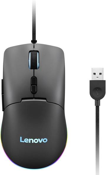 Une souris de jeu Lenovo noire avec éclairage RGB, connectée via câble USB. Le design comprend des boutons latéraux supplémentaires et une molette de défilement.