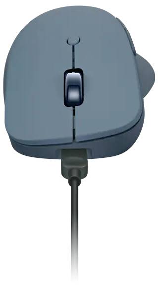 Une souris d'ordinateur grise avec une molette de défilement et un câble, vue de dessus. La souris a un design ergonomique légèrement incurvé.