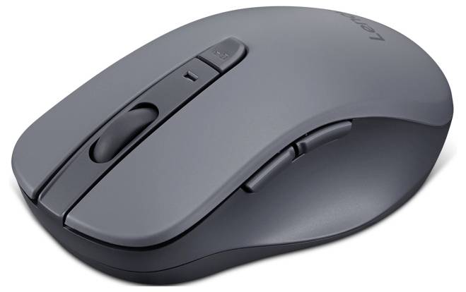Une souris d'ordinateur sans fil grise avec des boutons latéraux, une molette de défilement et un logo de marque sur le dessus, conçue pour une utilisation ergonomique.