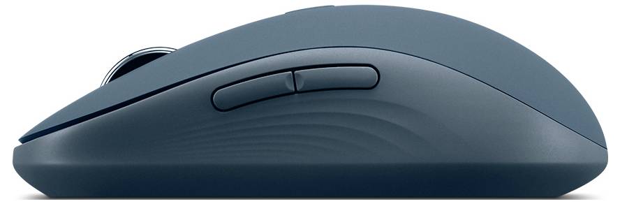 Une souris d'ordinateur sans fil élégante bleu foncé, dotée d'une molette de défilement et de boutons latéraux, conçue pour une utilisation ergonomique.