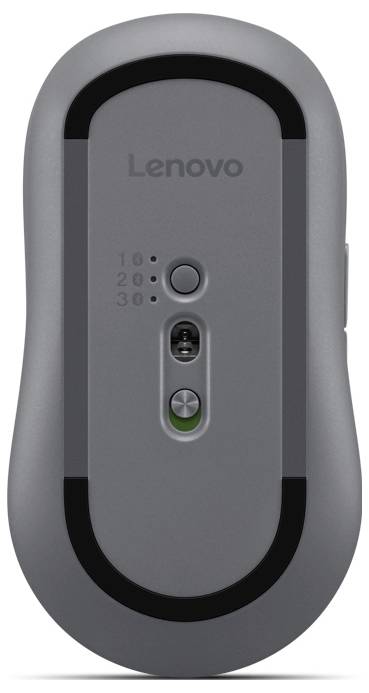 Souris d'ordinateur grise de marque 'Lenovo' présentée par le dessous, montrant un capteur et des paramètres de commutateur ajustables étiquetés 1, 2 et 3.